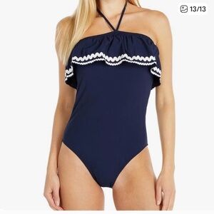 J Crew Ruffle Bandeau One Piece Swimsuit Size 6 Rickrack Navy Blue Halter Tie